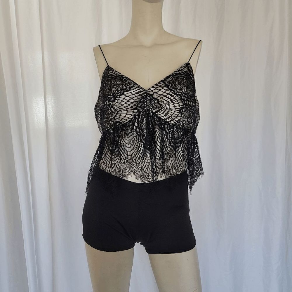 Mustard Seed black silver faux leather lace top size L